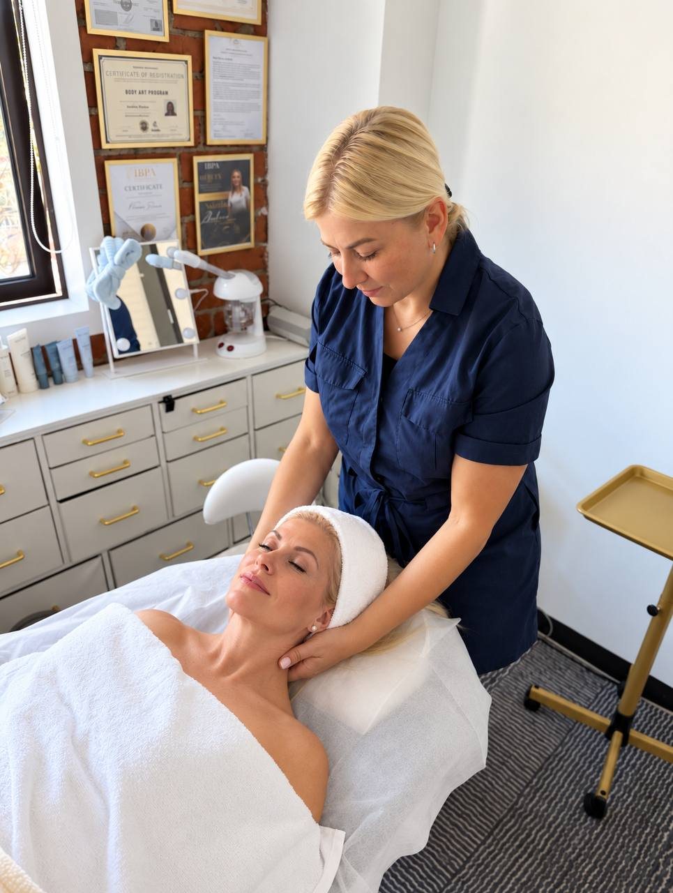 Yuliia giving a facial massage